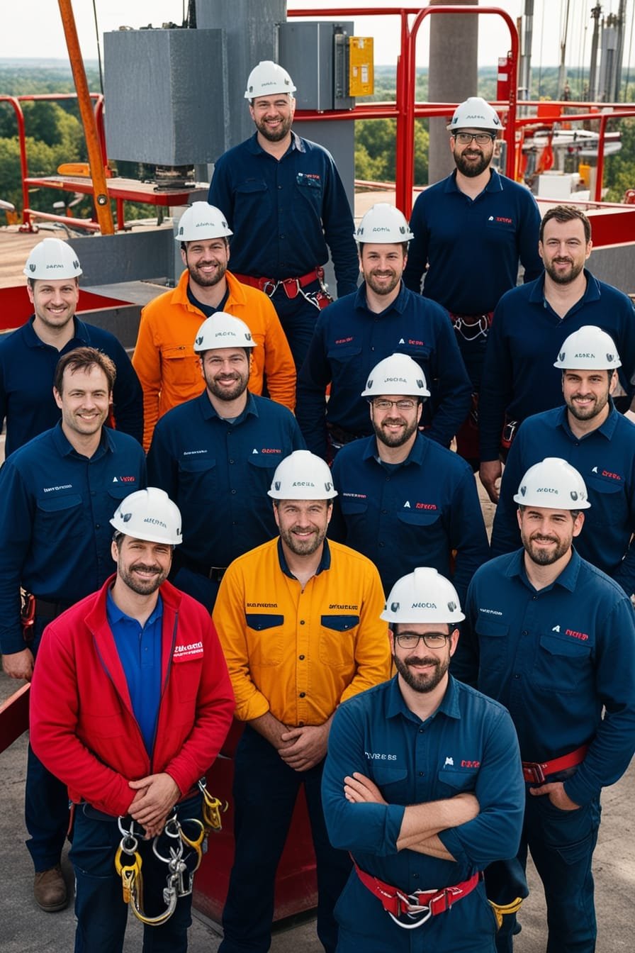 Techniciens et clients satisfaits d'Acro-Pôles Services, exprimant la confiance et l'expertise en travaux industriels et en hauteur.